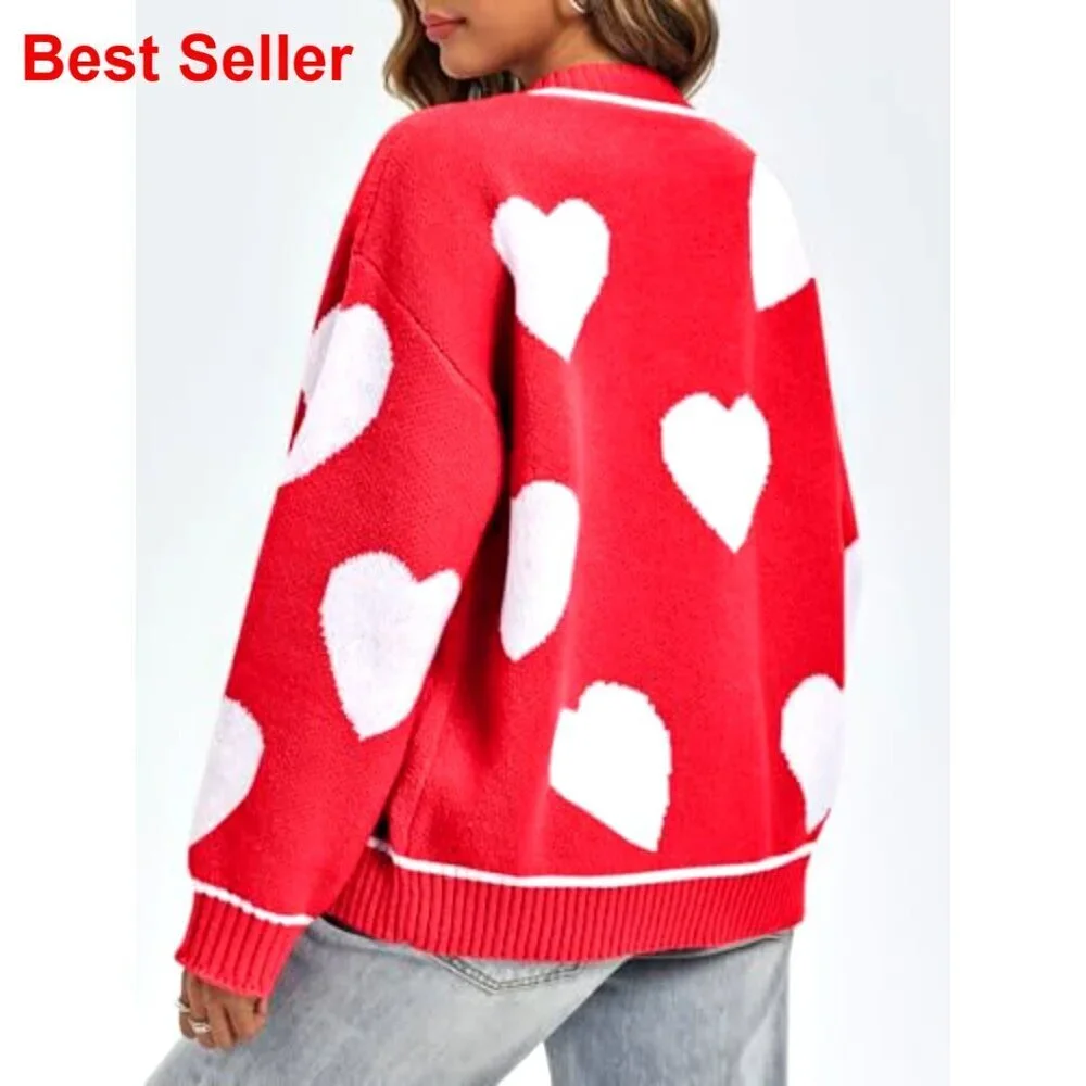 Chunky Knit Heart Cardigan Sweater Crewneck Long Sleeve Button Down